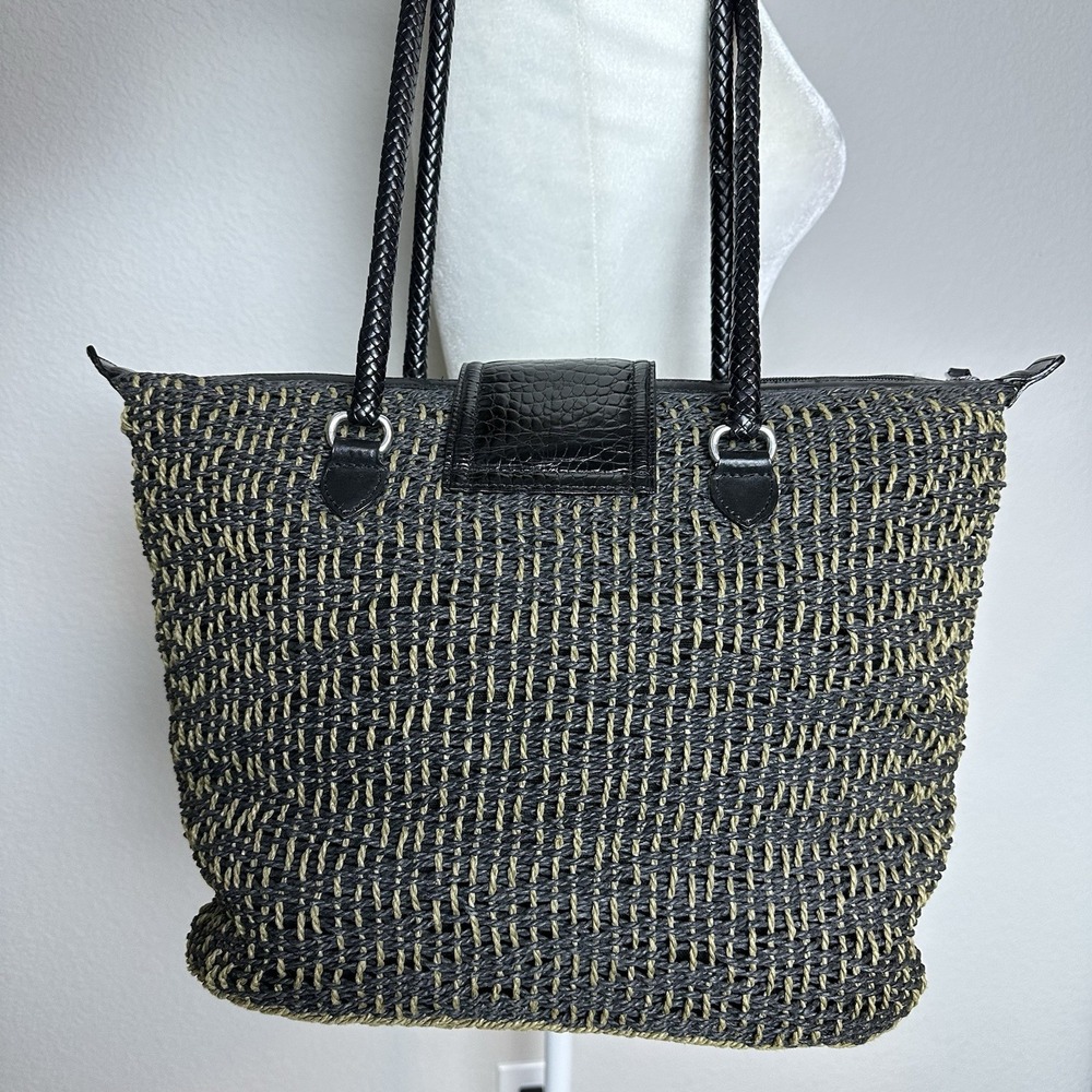Brighton Woven wicker Straw Tote Shoulder Bag Black Brown Leather‎ XL Large - Picture 4 of 12